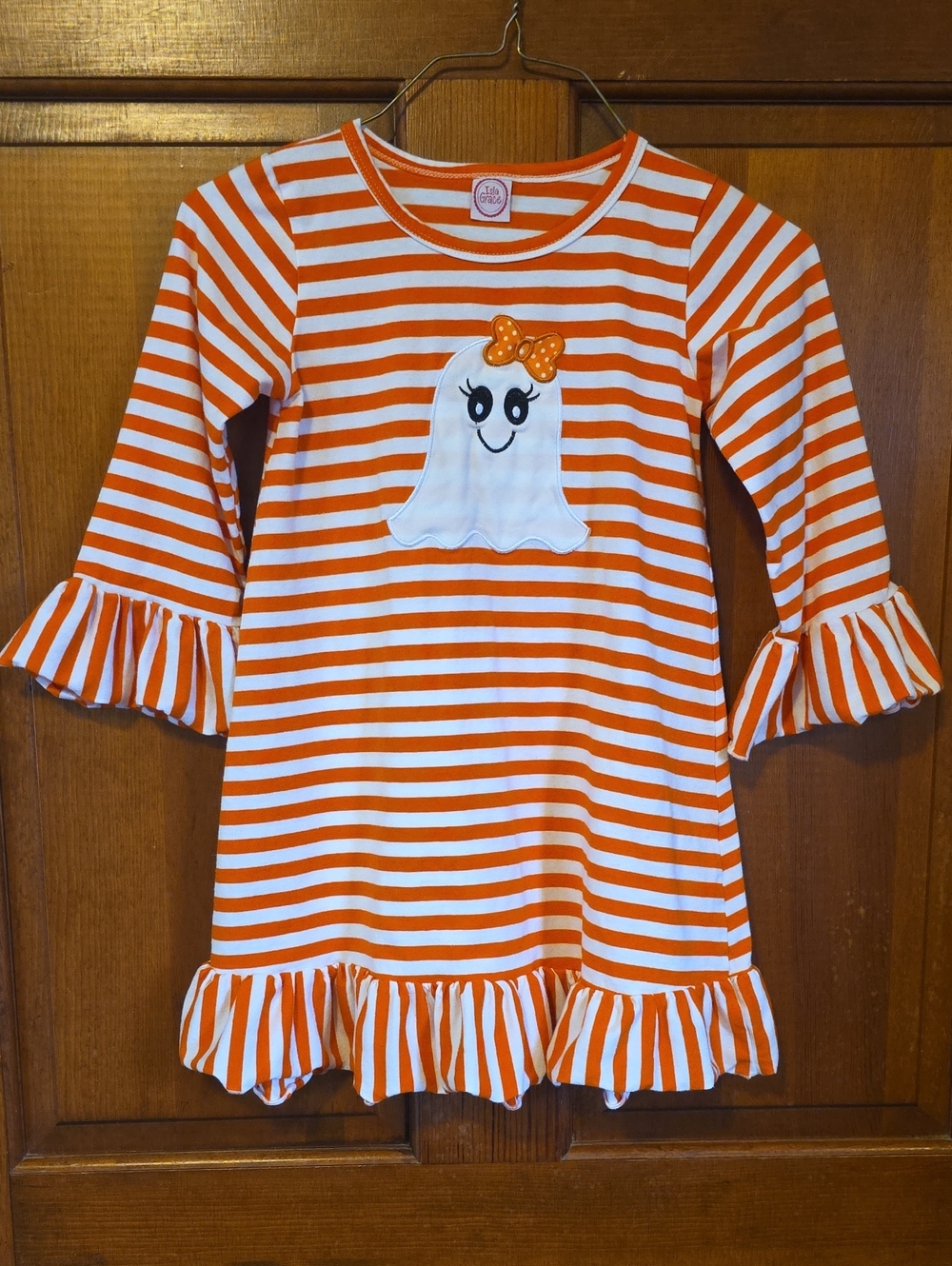 Girls Isla Grace Orange & White Striped Ghost Ruffle Dress Top